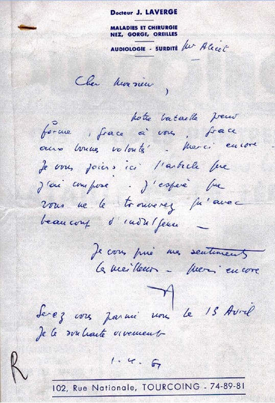 Courrier du Docteur Laverge à Roger Aliquot - avril 1961